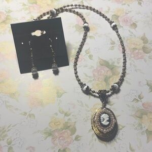 Elegant Locket Bronze and White Cameo Necklace and Earring Set